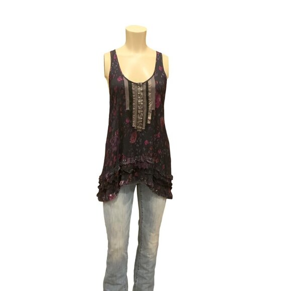 Free People Women's size 8P Sleeveless Dark Blue/Pink floral Racerback Pull on - Picture 2 of 14